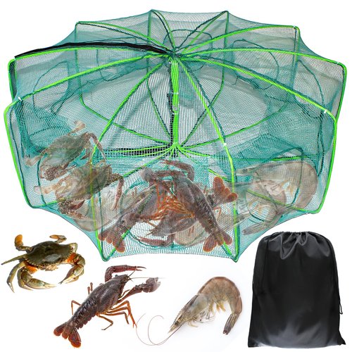 10 Sides 10 Holes Fishing Bait Trap, 32 * 10 Inch Portable Folded Fishing Nets for Minnow Crab Shrimp Crawdad, Upgrade Nylon Mesh Net Fishing Equipment
