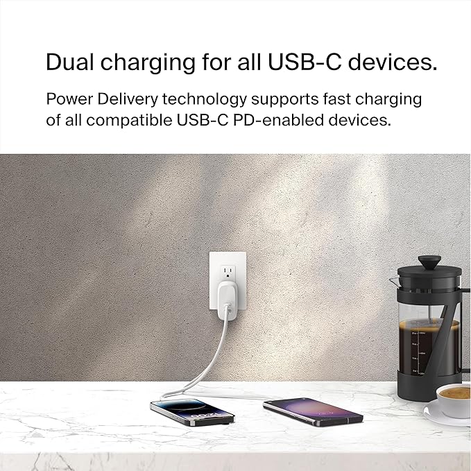 Belkin Dual USB C Charger Block 60W w/PPS Super Fast Charging - Samsung Galaxy S25, Apple iPhone 16, iPad, MacBook Air, Google Pixel, Nintendo Switch 2, etc - White