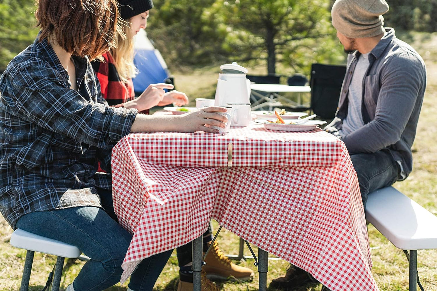 Stansport Picnic Table Cloth with Clamps Combo Pack - Rectangle - Polyurethane - Red White