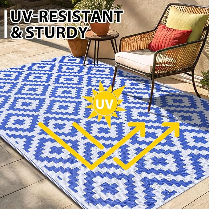 Smiry Waterproof Outdoor Rug 8x10 ft, Reversible Plastic Straw Patio Camping Rugs, Outdoor Indoor RV Mat Carpet for Patio, Outside Entry, Backyard, Deck, Bench, Picnic, Camper, White & Blue