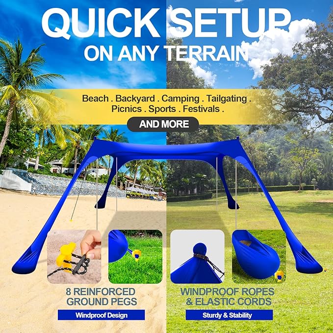 Buheco Beach Tent Pop Up Shade 10x10ft Beach Canopy Sun Shelter UPF50+ with 4 Foldable Poles-Portable Carrying Bag-Sand Shovel-Ground Pegs-Windproof Ropes for Outdoor Family Camping-Fishing- Picnic