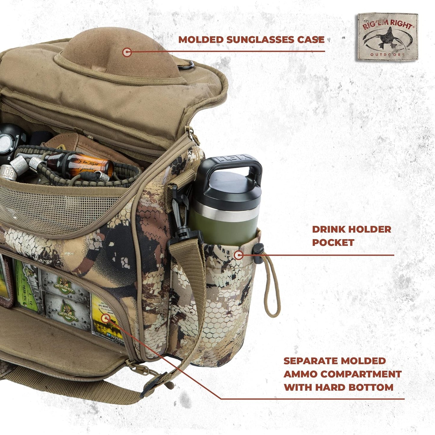 Rig'Em Right Waterfowl Lock and Load Duck Hunting Blind Bag with Molded Ammo Compartments, Sunglasses Case, Drink Holder and More (Optifade Marsh Camo)