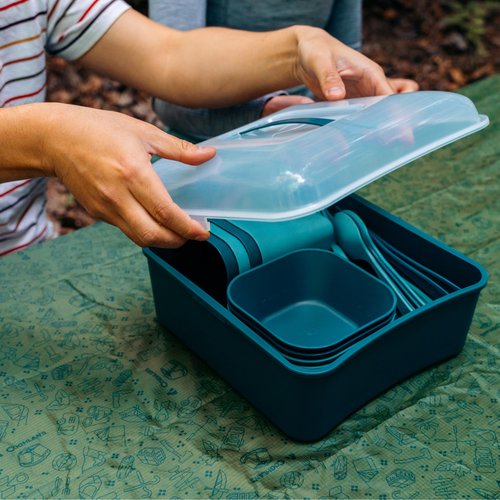 Coghlan's 4-Person Tableware Set for Camping and Outdoor Dining - Durable, Lightweight, Dishwasher Safe, Reusable, Includes Plates, Cups, Bowls, Cutlery in Portable Storage Container with Carry Handle