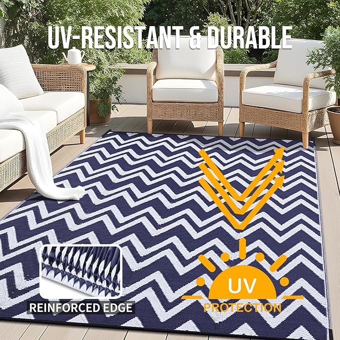 OLANLY Waterproof Outdoor Rug 6x9 ft Clearance, Reversible Outdoor Plastic Straw Rug, RV Mat, Indoor Outdoor Carpet for Patio, Camping, Balcony, Deck, Backyard, Navy & White