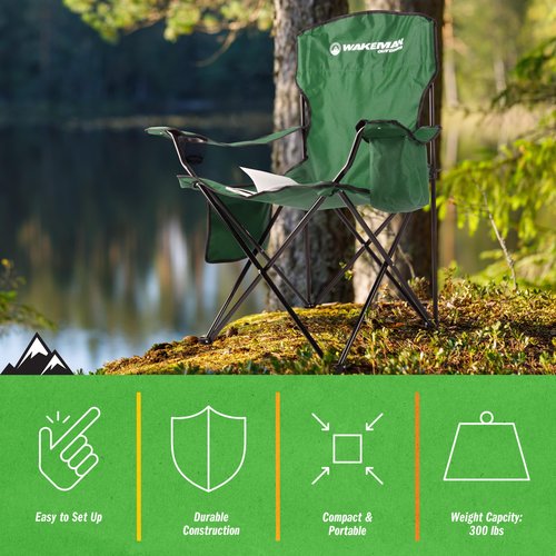 Camping Chair - 300lb Capacity Folding Chair with Cupholder and Built-In Cooler - Oversized Heavy Duty Outdoor Camp or Beach Chair by Wakeman (Green)