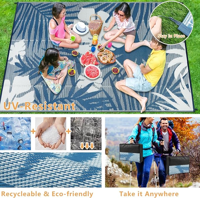 Homcomoda Outdoor Rugs 9’x12’ Waterproof Reversible Patio Rugs Outdoor Clearance Lightweight Outdoor Rugs Portable RV Camping Mats for Tents Deck Porch BBQ Beach Backyard