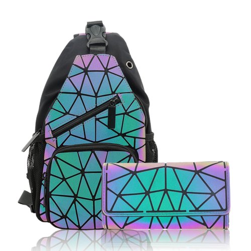 CAFINY Geometric chest bag Geometries Glow Backpack Geometrical Luminous Bag Holographic Travel Bags Retro Daypack for Casual, College, Work Set-G