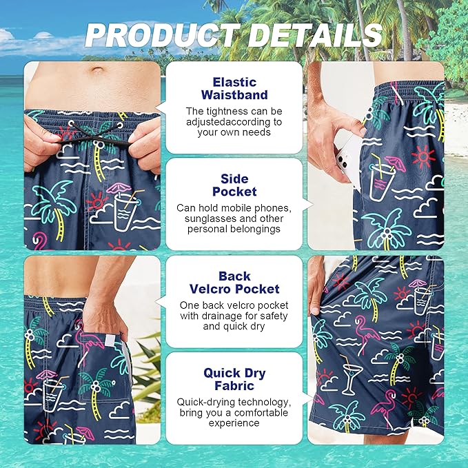 Mens Swim Trunks Quick Dry Board Shorts with Mesh Lining, Breathable Surf Beach Shorts Swimwear Bathing Suits