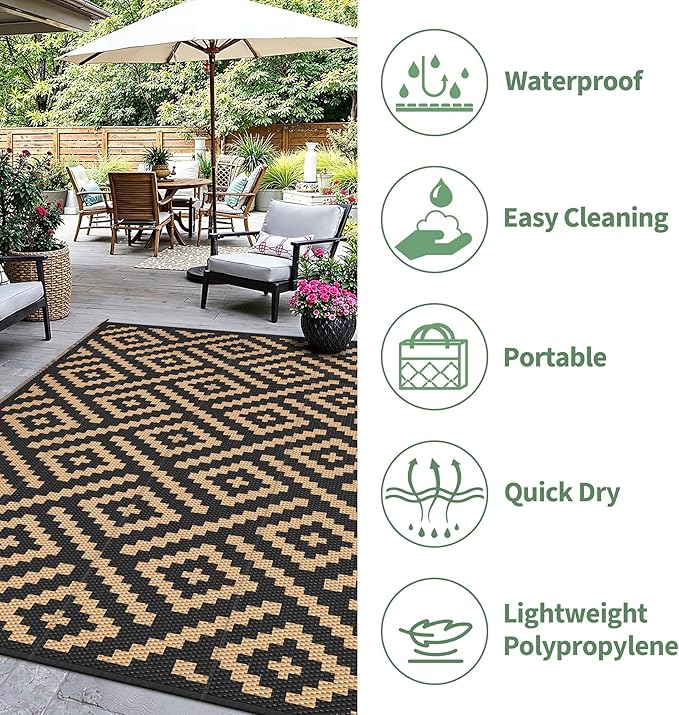 Outdoor Rug for Patio - Waterproof Plastic Straw Camping Rugs 8x10 ft, Reversible Outdoor Indoor RV Mat Carpet for Patio, Porch, Deck, Balcony, Picnic, Beach, Black Brown