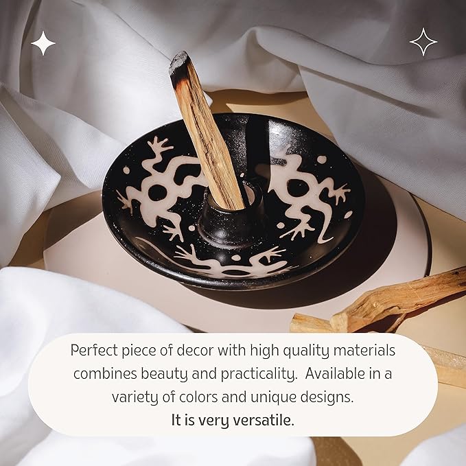 Luna Sundara Authentic Peru Pottery Palo Santo Stick Holder and Incense Holder Includes 5 Palo Santo Sticks Handmade Ceramic Smudge Bowl Sage Holder Palo Santo Holder (Black and White Lizard)