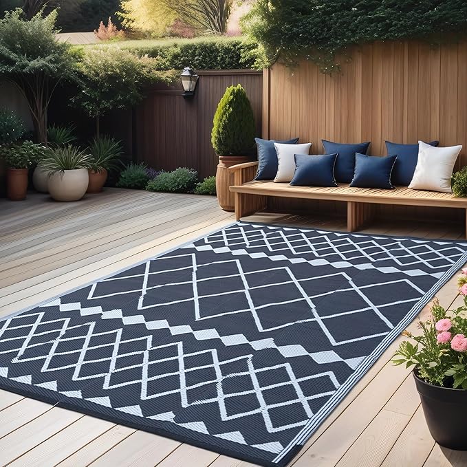 Outdoor Rugs 8x10 for Patios Clearance,Waterproof Mats for Camping,Porch,RV, Portable Plastic Straw Area Rugs Carpet for Picnic,Reversible,Black and White