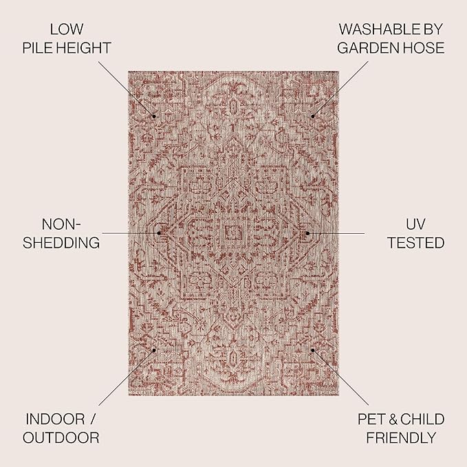 JONATHAN Y SMB105A-9SQ Estrella Bohemian Medallion Textured Weave Red/Taupe 9' Square Indoor/Outdoor Area Rug, Pet Friendly, Non-Shedding, Stain Resistant, Easy-Cleaning for Backyard, Patio, Porch