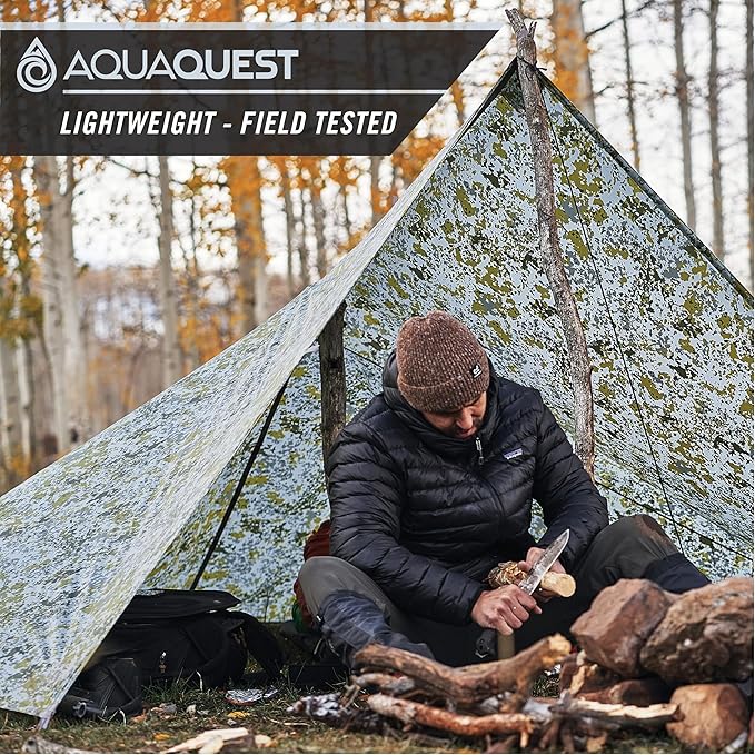 AquaQuest Safari Camping Tarp - Lightweight Durable Rain Fly - Waterproof Camping Essentials for Hiking, Backpacking & Hammock, 15 x 15 ft, Boulder Camo