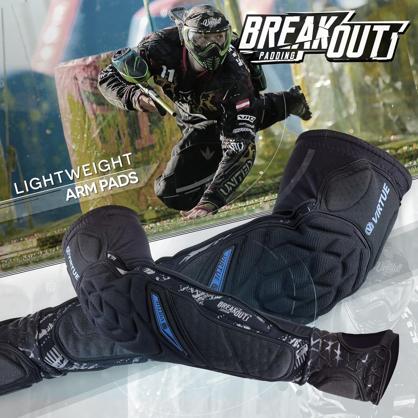 VIRTUE Breakout Elbow and Forearm Pads - Lightweight Multi-Sports Protective Arm Pads with Moisture Wicking Compression Sleeve Liner and High Density 3D Molded Foam for High Impact Protection - Black