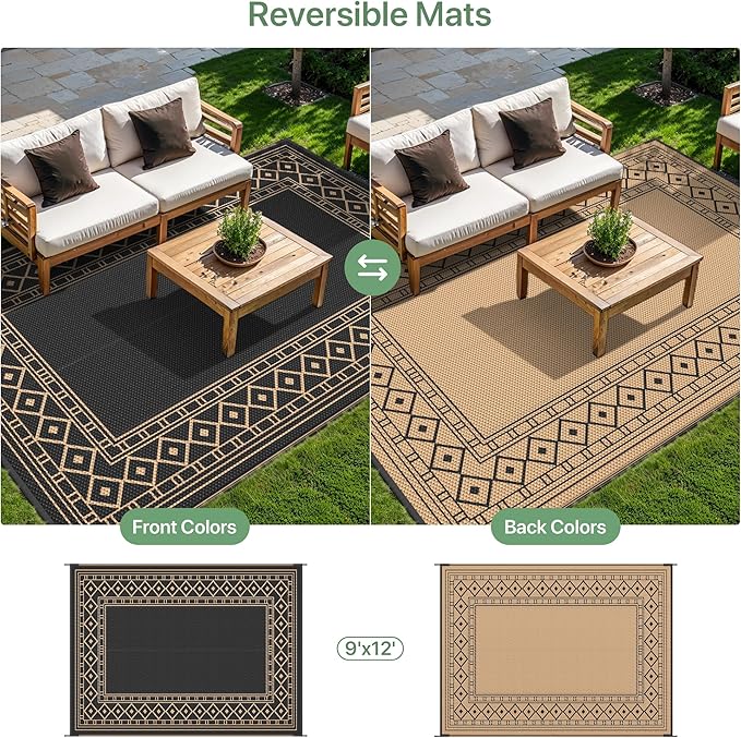 GENIMO Outdoor Rug Waterproof 9'x12' for Patio, Foldable Reversible Plastic Straw Carpet for Travel Trailers, Outside Area Mat for Rv, Deck, Picnic, Porch, Camper, Balcony, Beach, Black & Brown