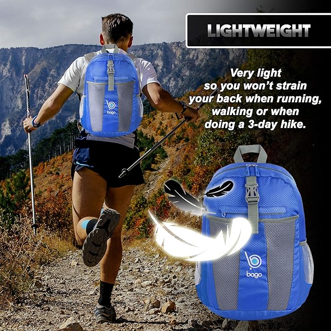 bago Lightweight Small Hiking Backpack for Women and Men - 25L Travel Day Pack - Foldable Hiking Daypack Ultralight for Camping Outdoor Sports - Day Bag Packable Backpack for Travel (Blue)