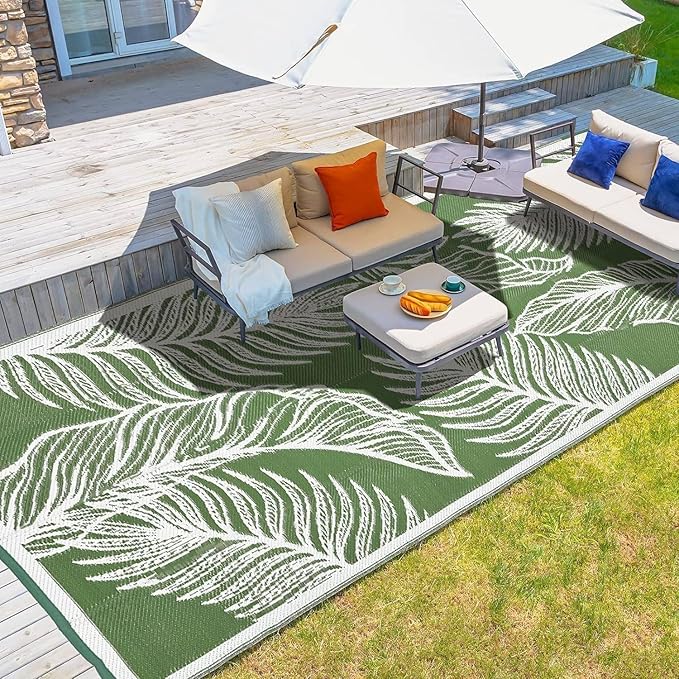 wikiwiki Outdoor Rug, 6x9ft Waterproof Reversible Mat Indoor Outdoor Rugs Carpet, Small Area Rug Plastic Straw Rug for Patio Deck Balcony Pool RV Camping Beach Picnic, Green, Rugscape Series