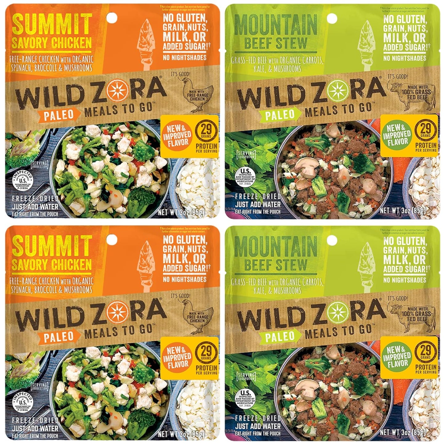 Wild Zora Paleo Freeze Dried Meals for Backpacking & Camping - Healthy Gluten Free & Grain Free Camping Meals/Backpacking Food + No Added Sugar - Great for Travel (AIP 4-pack)