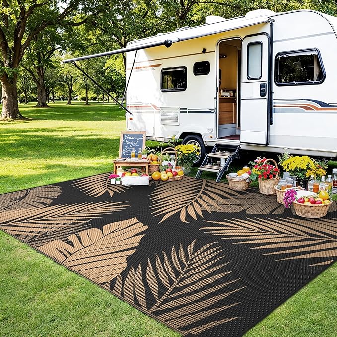 Outdoor Rug 4' x 6' for Patio Waterproof Clearance, Reversible Indoor Outdoor Plastic Straw Camping Rug Carpet, RV Mat, Large Area Rug for Deck, Backyard, Balcony, Porch, Beach, Black and Brown