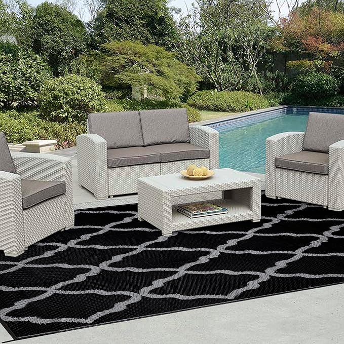 Easy-Going Reversible Outdoor Rugs 6x9ft Waterproof Plastic Straw Rug Stain & UV Resistant Floor Mat for Patio Porch RV Backyard Pool Deck Picnic Beach Trailer Camping (Moroccan Black & Light Grey)