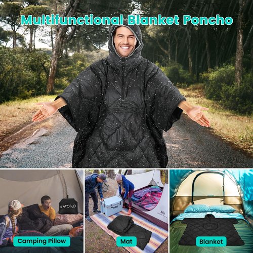 CPJCMP Wearable Camping Blanket Honcho Poncho - Stadium Blanket, Sleeping Bag for Adults, Packable Ultralight Warm & Waterproof for Cold Weather,Sports, Outdoor Camping, Hiking - Black