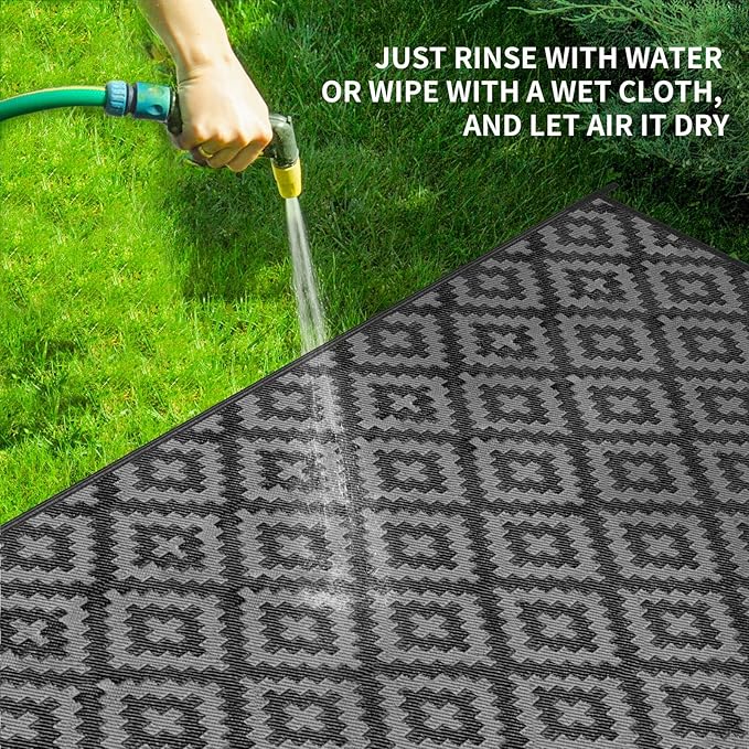 Outdoor Patio Plastic Straw Rug - 9'x12' Outdoor Camping Rug Waterproof Reversible, Area Carpet Patios Clearance RV, Outside Porch Balcony Deck for Camper, Black & Grey