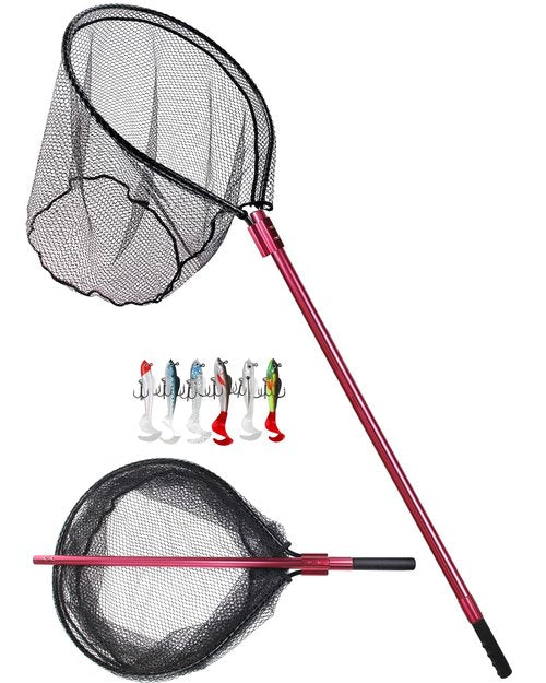 Facikono Large Fishing Net Rubber Fishing Net Large Heavy Duty Extra Large Landing Net for Saltwater Aluminum Fishing Net Telescoping Handle with 6pcs Soft Jig Swimbait, Extends to 72-94in