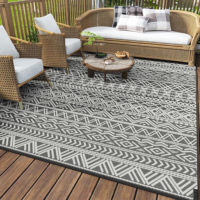 MontVoo-Outdoor Rug Waterproof 6x9 ft Outdoor Carpet Patio Rug Mat Reversible RV Camping Rug-Plastic Straw Rug Outside Outdoor Area Rug for Patio Deck Balcony Backyard Picnic Beach -Boho Grey