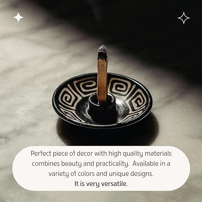 Luna Sundara Authentic Peru Pottery Palo Santo Stick Holder and Incense Holder Includes 5 Palo Santo Sticks Handmade Ceramic Smudge Bowl Sage Holder Palo Santo Holder (Black and White Maze)