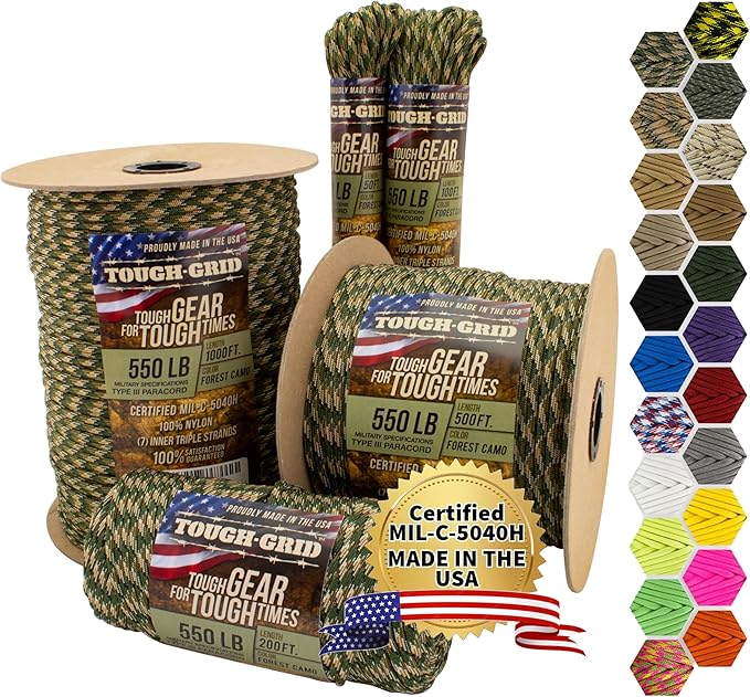 TOUGH-GRID Premium 550lb Paracord Rope - 500Ft White - 100% Nylon Type III Mil-Spec - UV & Abrasion Resistant - Heavy Duty Strands - Outdoor Survival Rope - Used by US Military - Made in USA