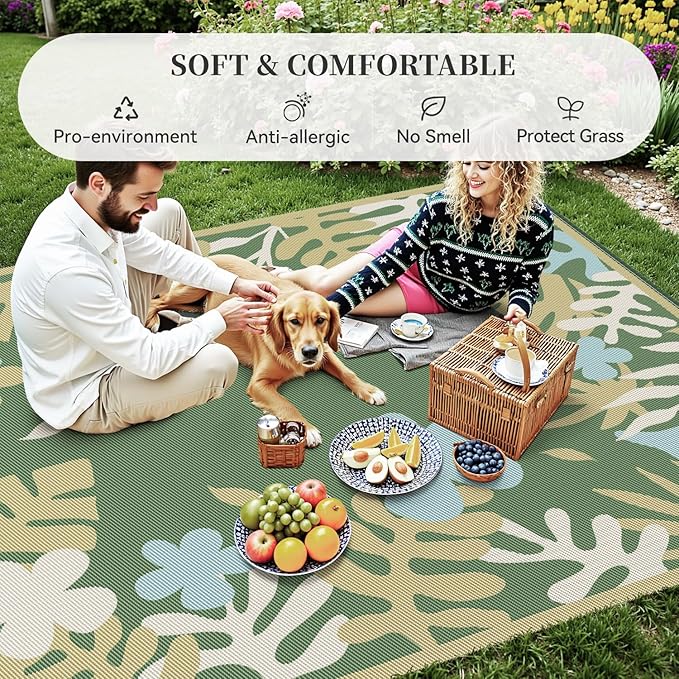 MontVoo Outdoor Rug Waterproof 8x10 ft RV Outdoor Rug for Camping Picnic Mat Outdoor Patio Rug Carpet Plastic Straw Reversible Floral Green Yellow