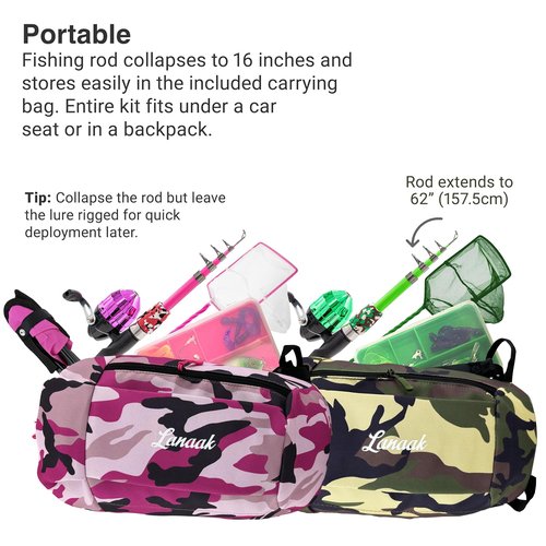 Lanaak 2 Pack Kids Telescopic Fishing Pole, Kids Portable Fishing Rod Set, Tackle Box and Fishing Net Combo Kit, Kids Fishing Gear for Boys and Girls Age 5-10 and Youth – Green and Pink