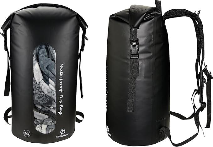 Waterproof Dry Bags Set of 3 - Dry Bag with 2 Zip Lock Seals, Waist Pouch & Phone Case - Can Be Submerged Into Water for Swimming, Kayak, Rafting & Boating (Window, Black, 35L)