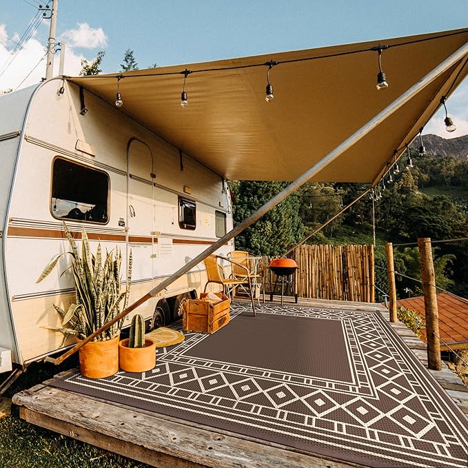 GENIMO Outdoor Rug Waterproof for Patio Decor, 10'x10' Foldable Reversible Plastic Straw Carpet, Outside Area Mat for Rv, Deck, Picnic, Porch, Camper, Balcony, Beach, Coffee & Beige