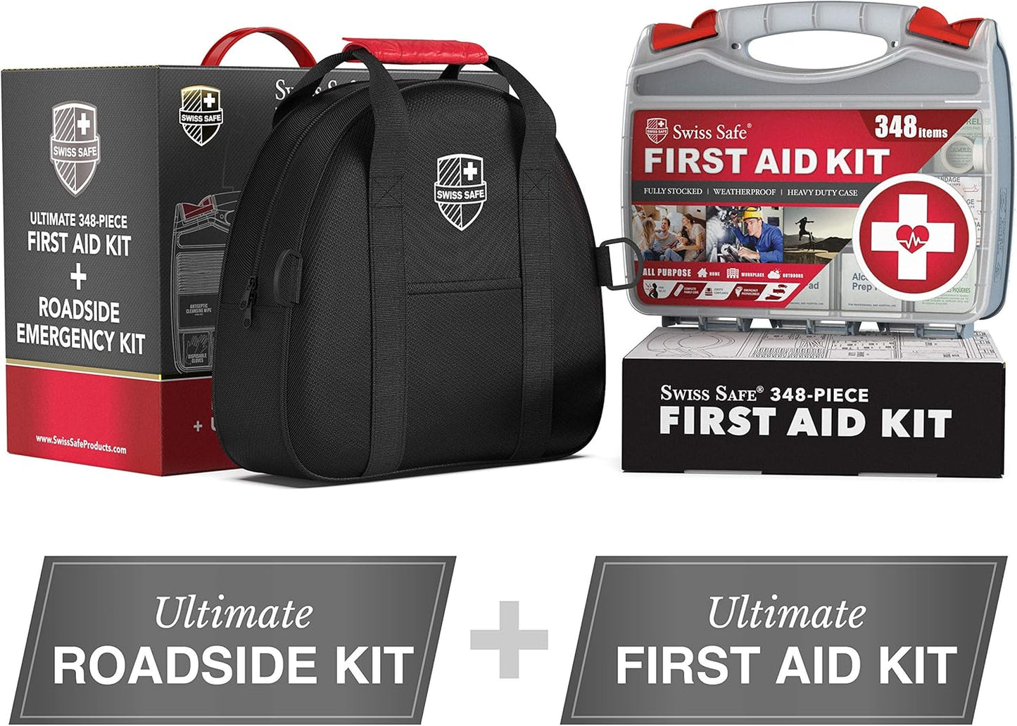 Swiss Safe 2-in-1 First Aid Kit for Car, Travel & Home, Businesses - Bonus Mini Kit for Medical Emergency Aid, Survival, Camping - 64 Piece, Travel FAK