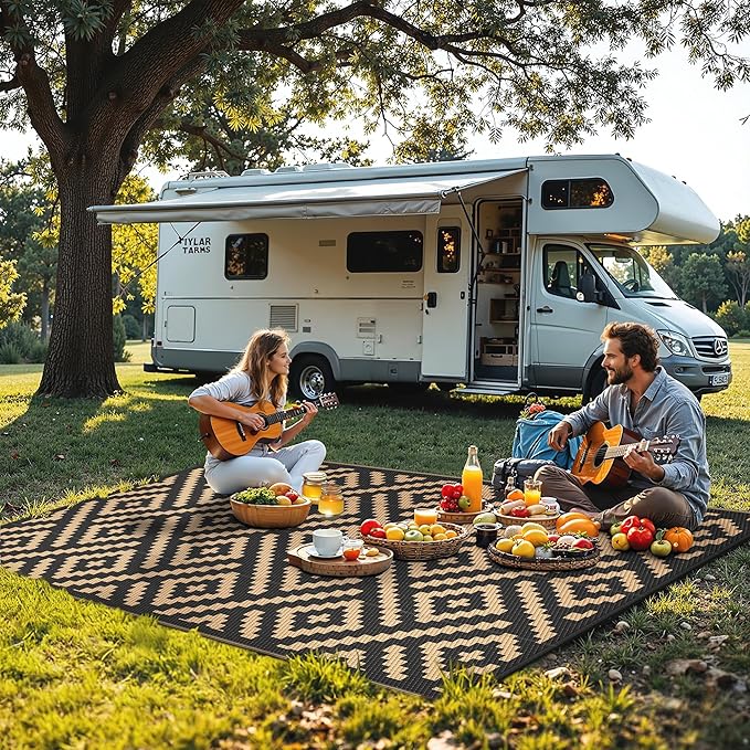 Outdoor Rug for Patio - Waterproof Plastic Straw Camping Rugs 8x10 ft, Reversible Outdoor Indoor RV Mat Carpet for Patio, Porch, Deck, Balcony, Picnic, Beach, Black Brown