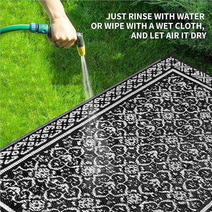 Outdoor Patio Plastic Straw Rug - 5'x8' Outdoor Camping Rug Waterproof Reversible, Area Carpet Patios Clearance RV, Outside Porch Balcony Deck for Camper, Classic Black & White