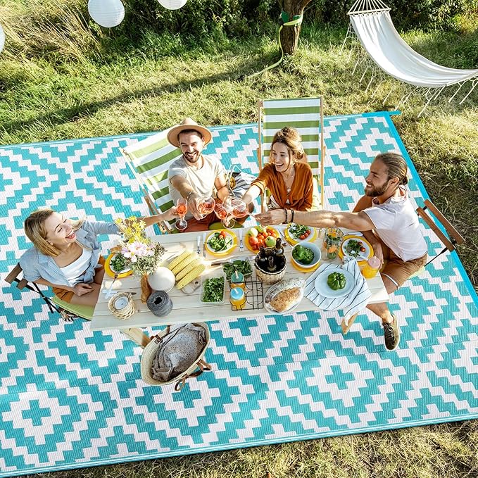 Outdoor Patio Plastic Straw Rug - 8'x10' Outdoor Camping Rug Waterproof Reversible, Area Carpet Patios Clearance RV, Outside Porch Balcony Deck for Camper, Blue & White