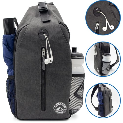 Brazos Crossbody Sling Hiking Daypack, 6 Pocket Design, Removable Phone Compartment, Headphone Accessible Hole, Reversible Shoulder Strap, Hiking Accessory, Grey