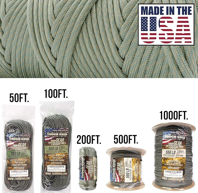 TOUGH-GRID Premium 550lb Paracord Rope - 50ft - Digi-Camo - 100% Nylon Type III Mil-Spec - UV & Abrasion Resistant - Heavy Duty Strands - Outdoor Survival Rope - Used by US Military - Made in USA