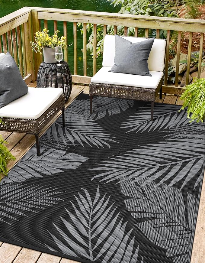Outdoor Rug 5' x 8' for Patio Waterproof Clearance, Reversible Indoor Outdoor Plastic Straw Camping Rug Carpet, RV Mat, Large Area Rug for Deck, Backyard, Balcony, Porch, Beach, Black and Grey