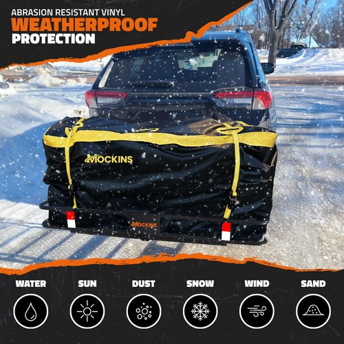 Mockins 20 CuFt Waterproof Cargo Bag for Hitch Carrier | 60"x20"x29" Trailer Hitch Cargo Carrier Bag | Weatherproof Truck Bed Storage w/Straps, Lock & Carry Case | 500D PVC Vehicle Soft-Shell Carriers