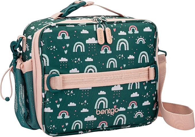 Bentgo Kids Lunch Bag - Durable, Double-Insulated Lunch Bag for Kids 3+; Holds Lunch Box, Water Bottle, & Snacks; Easy-Clean Water-Resistant Fabric & Multiple Zippered Pockets (Green Rainbow)