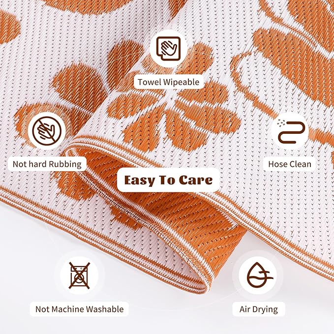 Ileading Outdoor Plastic Straw Rug 8x10ft Funny Floral Style Reversible Patio Area Rugs Waterproof Non Shedding Portable Carpets for Rv Outside Deck Pool Beach Picnic Camping (Orange)