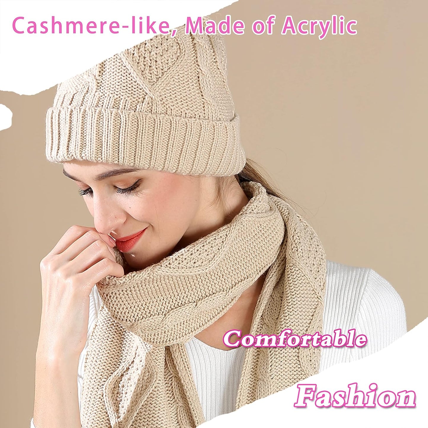 Winter Hat Gloves Scarf Set for Women, Cable Knit Beanie Pom Cap Touch Screen Glove Long Scarf 3PCS Winter Gift for Women Men