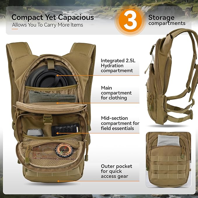 MARCHWAY Tactical Molle Hydration Pack with 2.5L TPU Water Bladder, Compact Yet Spacious Military Backpack for Hiking, Cycling, Backpacking, Hunting, Running