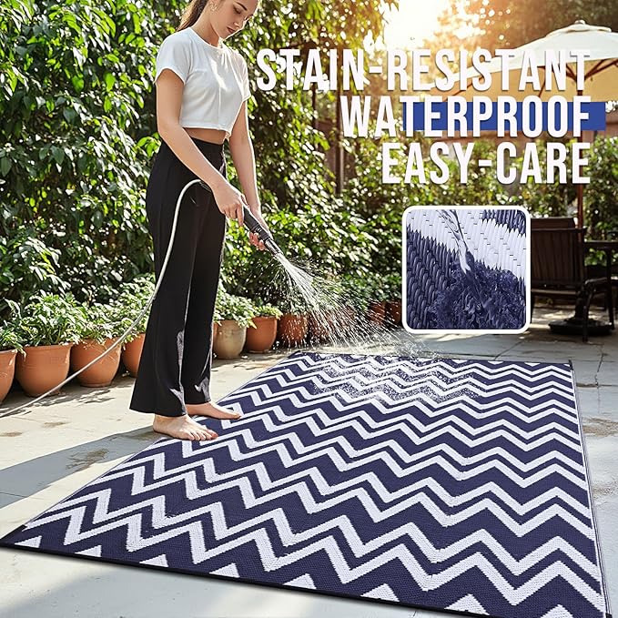 OLANLY Waterproof Outdoor Rug 6x9 ft Clearance, Reversible Outdoor Plastic Straw Rug, RV Mat, Indoor Outdoor Carpet for Patio, Camping, Balcony, Deck, Backyard, Navy & White