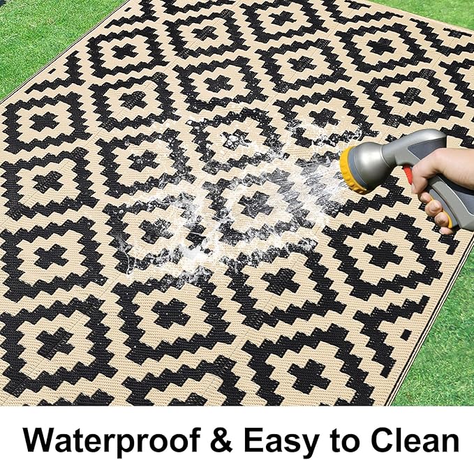 Smiry Waterproof Outdoor Rug 9x12 ft, Reversible Plastic Straw Patio Camping Rugs, Outdoor Indoor RV Mat Carpet for Patio, Outside Entry, Backyard, Deck, Bench, Picnic, Camper, Black & Beige