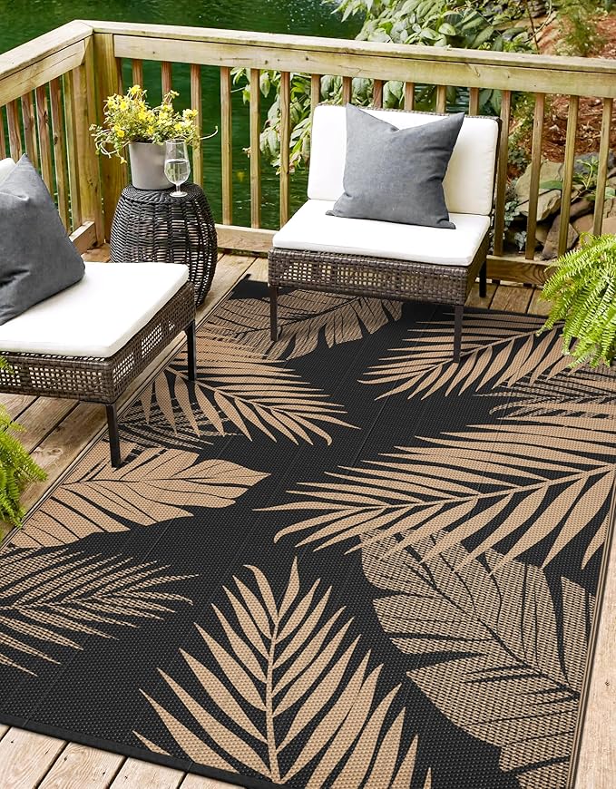 Outdoor Rug 6' x 9' for Patio Waterproof Clearance, Reversible Indoor Outdoor Plastic Straw Camping Rug Carpet, RV Mat, Large Area Rug for Deck, Backyard, Balcony, Porch, Beach, Black and Brown