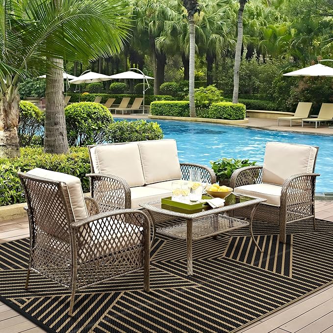 GENIMO Outdoor Rug 6'x9' for Patio Waterproof Clearance, Reversible Outdoor Plastic Straw Rug, Lightweight Carpet Camping Mat for Rv, Camper, Picnic, Balcony, Backyard, Deck, Porch, Black & Brown